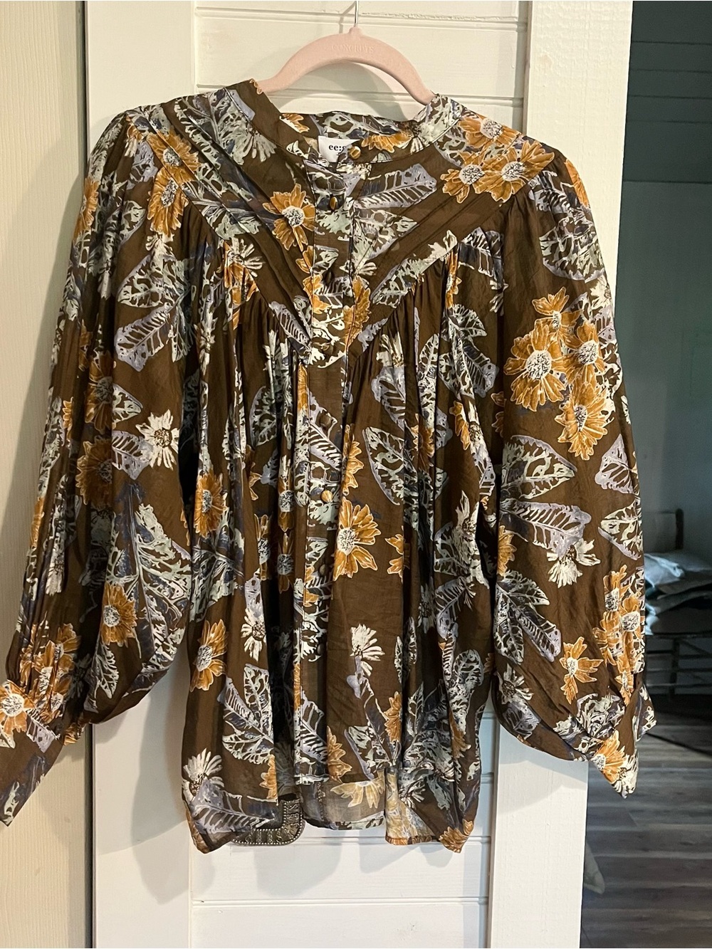 ee:some Brown Floral Peasant Blouse with Mustard & Ivory Accents